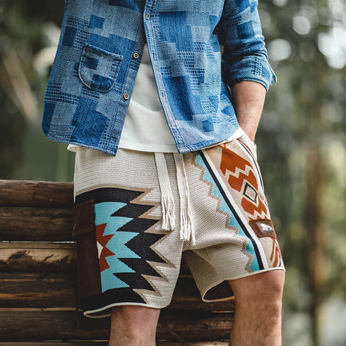 Navajo Totem Knit Shorts – Elastic Waist Casual Summer Beach Shorts with Corduroy Pocket